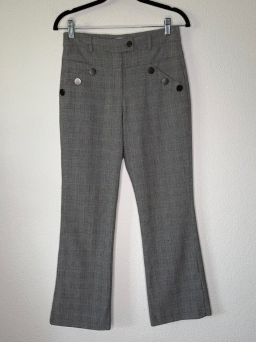 Likely NYC Polyester Rayon Plaid Cropped Slim Trousers Button Detail Black 2